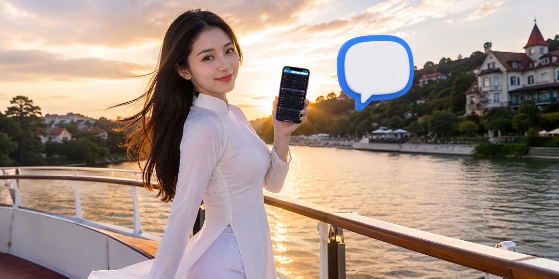 Người phụ nữ mặc áo dài Đà Lạt đang chơi casino mobile trên điện thoại